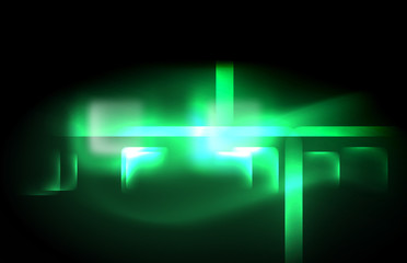 Neon square and line lights on dark background with blurred effects