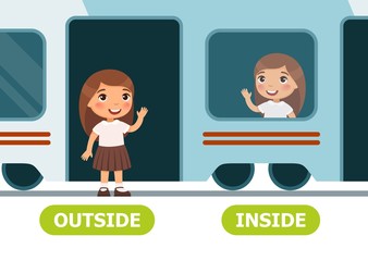 Little girl on the train and outside.  Illustration of opposites inside and outside. .Card for teaching aid, for a foreign language learning. Vector illustration on white background, cartoon style..