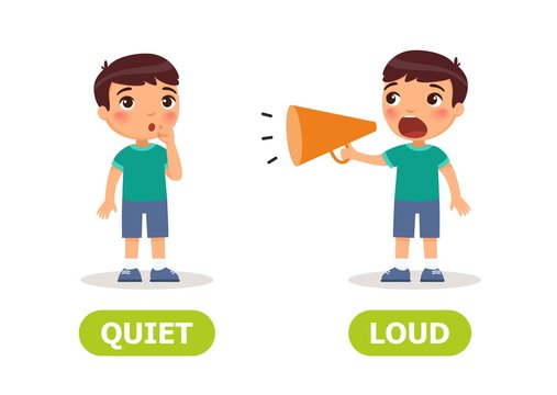The little boy screams in a megaphone and the girl is silent. Illustration of opposites loud and quiet. Card for teaching aid, for a foreign language learning. Vector illustration,, cartoon style.