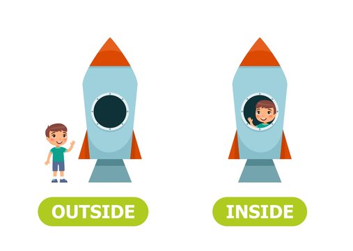 Illustration of opposites inside and outside.  A boy inside the rocket and a boy outside..Card for teaching aid, for a foreign language learning. Vector illustration on white background..