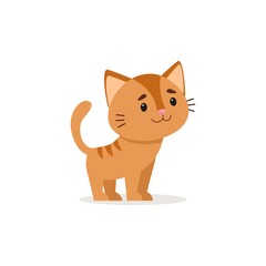 Ginger kitty standing and smiling. Vector illustration on white background, cartoon style.