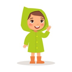 Little girl standing in a green raincoat and orange rubber boots. Vector illustration on white background, cartoon style.