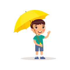 Little boy standing under an umbrella. Vector illustration on white background, cartoon style