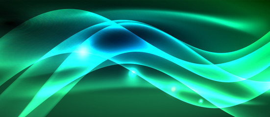 Glowing abstract wave on dark, shiny motion, magic space light. Techno abstract background