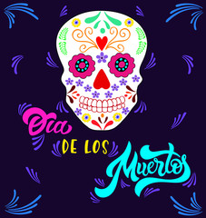 Hand sketched colorful Dia de los Muertos typography lettering with skull isolated on dark violet background. Vector illustration.