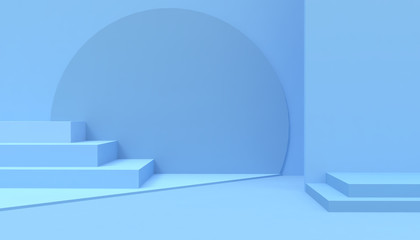 Podium Geometric composition shape minimal and Modern concept Art  pastel Blue wall scene on Blue background - 3d rendering