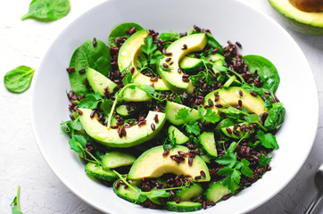 Green Salad with Avocado, Black Rice, Cucumber and Spinach, Healthy Food