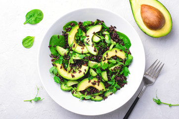 Green Salad with Avocado, Black Rice, Cucumber and Spinach, Healthy Food