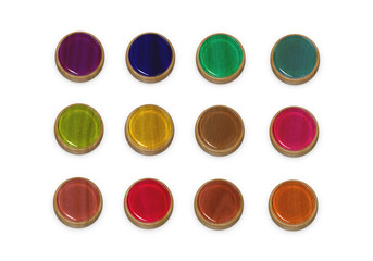 Multicolored 3d round wood and glass buttons web set. Isolated on white.