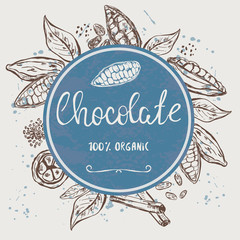 Template with hand drawn cocoa pods, beans and leaves