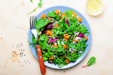 Roasted Pumpkin Healthy Vegetarian Salad, Butternut Squash, Rice and Sesame Seeds Salad