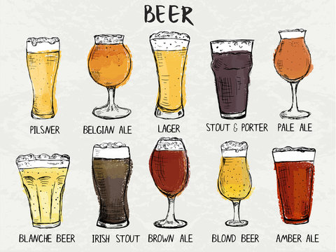 Hand drawn det of different types of glasses for beer