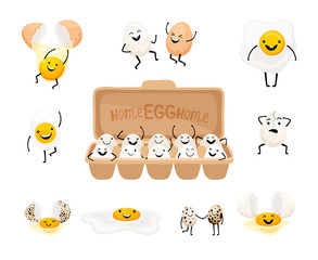 Cute egg faces. Easter eggs friends with funny face vector set, friendly caricature breakfast egg persons isolated on white background