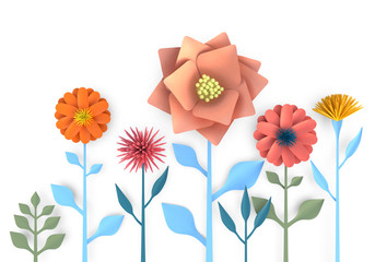 Pink red orange yellow 3d flowers with green and blue leaves on transparent background. Rendering illustration