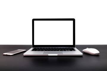 Fototapeta premium laptop background, office supplies gadget at home or studio office. Desk space Mock up blank screen,Front view of creative designer desktop with blank white laptop screen,