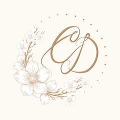 Luxury wedding monogram frame for letter CD beautiful handwriting. Design element for invitation, wedding, greeting cards. Identity label for restaurant, boutique, heraldry, business. Hand drawn style
