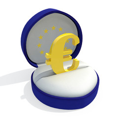 close-up of yellow euro symbol in a gift box on white background