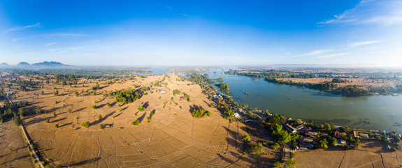 Fototapeta na wymiar Aerial panoramic 4000 islands Mekong River in Laos, Li Phi waterfalls, famous travel destination backpacker in South East Asia