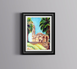 st Andrea's monastery Cyprus watercolor illustration