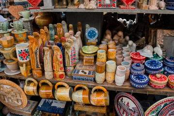 Sale of handicrafts on a public market on the street. City of Ouro Preto in Minas Gerais, Brazil.
