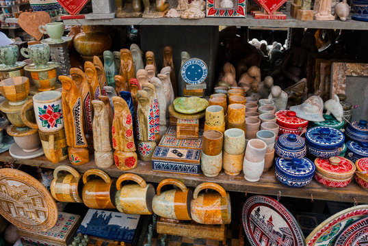 Sale of handicrafts on a public market on the street. City of Ouro Preto in Minas Gerais, Brazil.