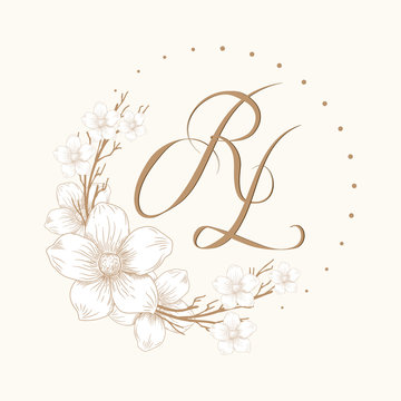 Initial letter RL logo template. Vintage elegance wedding monogram with floral frames. Floral monogram for cards, invitations, menus, labels. Graphic design page, business sign, boutique, cafe, hotel.