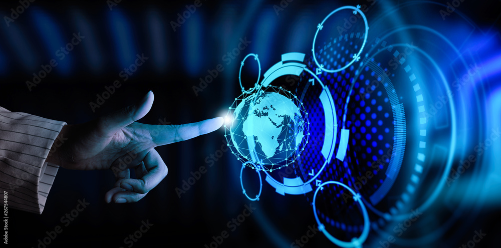 Fototapete Hand working with the earth with network line with point on the star and world modern UI with Internet Network concept.