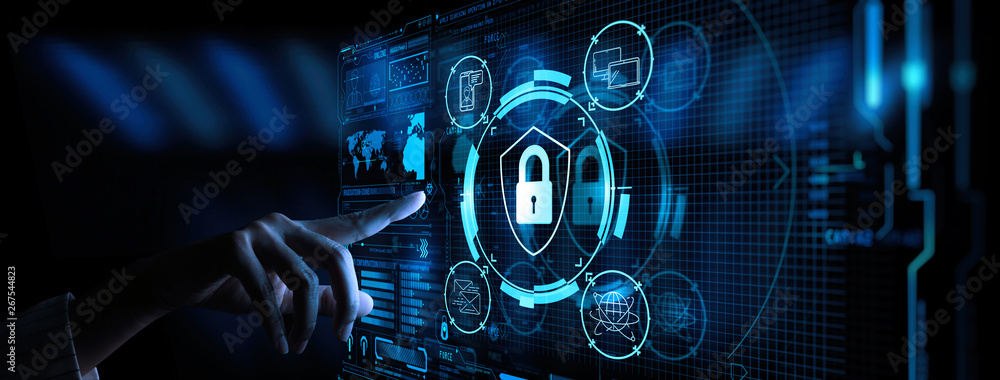 Poster data protection cyber security privacy business with woman hand pointing with ui.internet technology