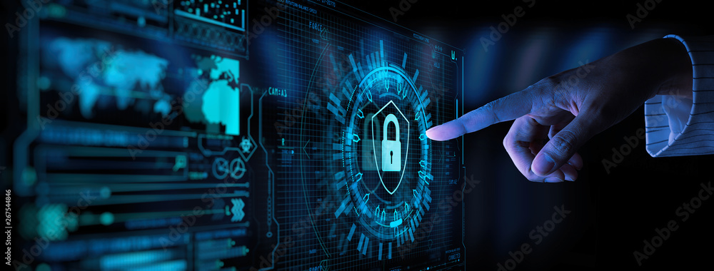Poster Data protection Cyber Security Privacy Business with Woman hand pointing with UI.Internet Technology Concept.