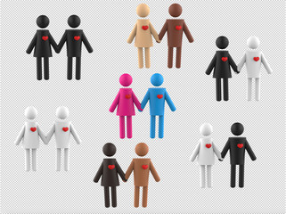 Fototapeta premium Woman and man with hearts hold hands icons set on transparent background 3d rendering illustration