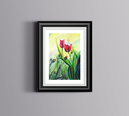 Beautiful red tulips Cyprus watercolor butterfly