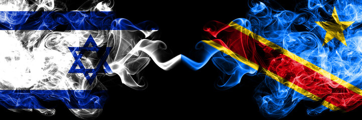 Israel vs Democratic Republic of the Congo smoky mystic flags placed side by side. Thick colored...