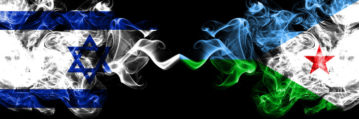 Israel vs Djibouti smoky mystic flags placed side by side. Thick colored silky smokes flag of Israel and Djibouti