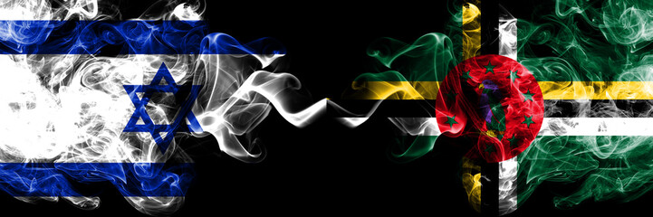 Israel vs Dominica smoky mystic flags placed side by side. Thick colored silky smokes flag of...