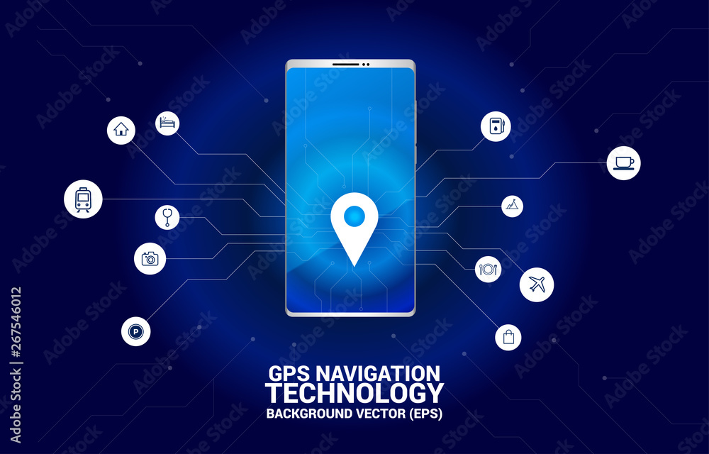 Poster GPS pin marker location in mobile phone with circuit line graphic. concept of location and facility place , GPS technology