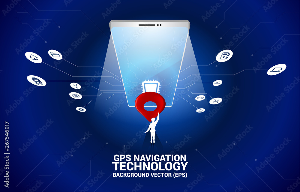 Poster business man and gps pin marker location in mobile phone with circuit line graphic. concept of locat