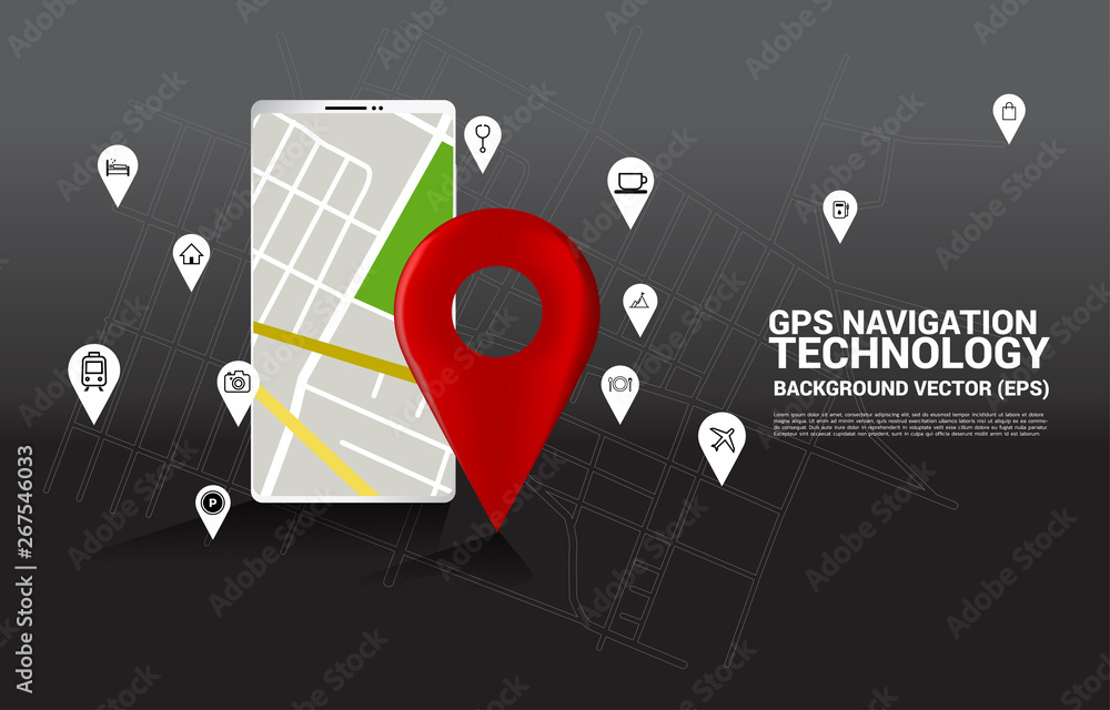 Poster 3d gps pin marker and map in mobile phone application. concept of location and facility place , gps 