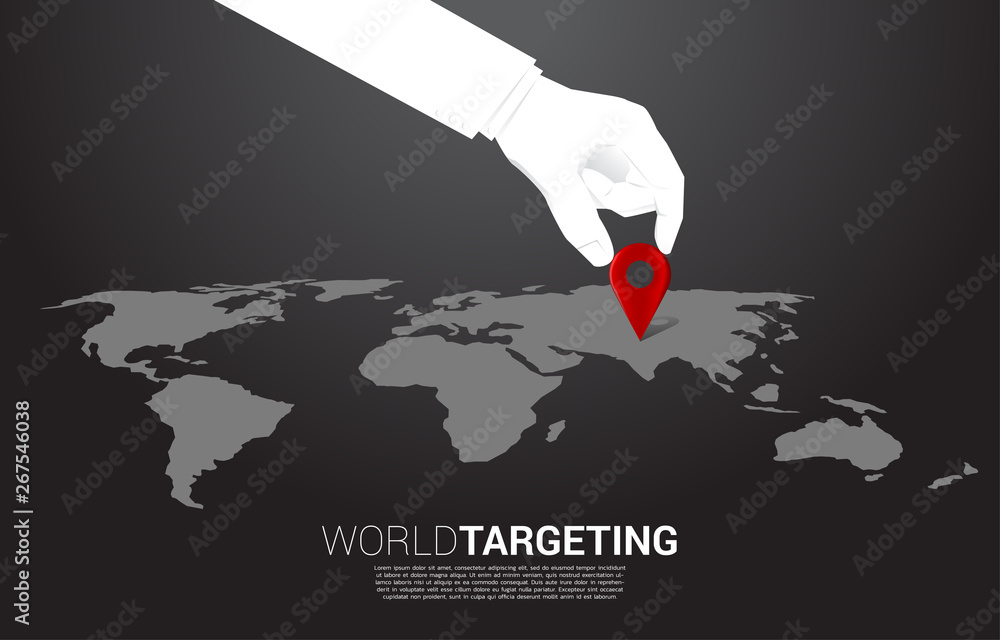 Poster close up hand of businessman place location pin marker in front of world map. concept of business se