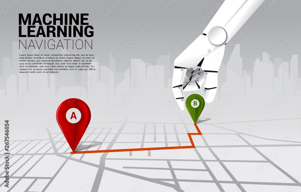Aufkleber close up hand of robot place location pin marker on direction route on road map. concept of a.i. learning machine and navigation system.