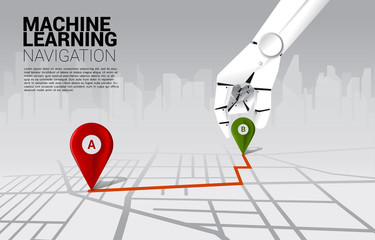 Fototapeta premium close up hand of robot place location pin marker on direction route on road map. concept of a.i. learning machine and navigation system.