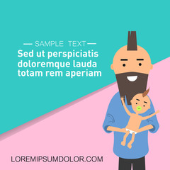 Young character parent holding a baby. Loving dad.Pastel backgrond with sample text.Flat cartoon design