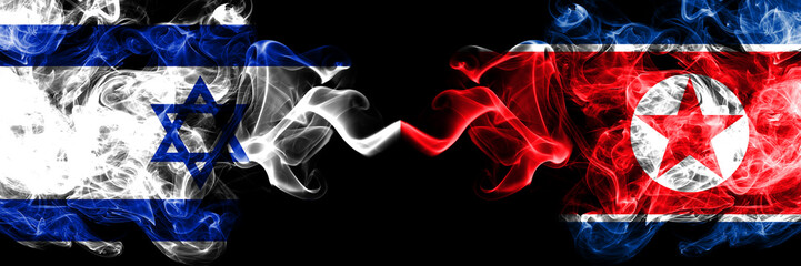 Israel vs North Korea, Korean smoky mystic flags placed side by side. Thick colored silky smokes flag of Israel and North Korea, Korean