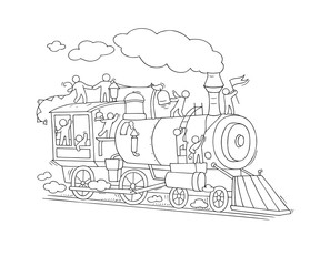 Sketch of little people on train