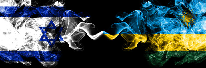 Israel vs Rwanda, Rwandan smoky mystic flags placed side by side. Thick colored silky smokes flag...