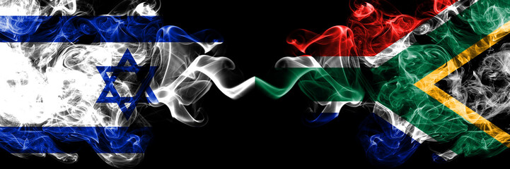 Israel vs South Africa, African smoky mystic flags placed side by side. Thick colored silky smokes flag of Israel and South Africa, African