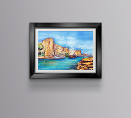 Fototapeta premium Cyprus kirenia castle watercolor art illustration