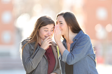 Gossip woman telling secret to her happy friend