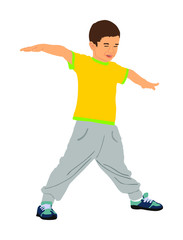 Fototapeta na wymiar Happy joyful kid, little boy doing exercises vector illustration isolated on white background. Funny boy playing plane game. Spread hands flying symbol. widespread hands open. Smiling child enjoy.