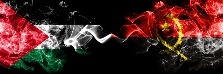 Palestine vs Angola, Angolan smoky mystic flags placed side by side. Thick colored silky smokes flag of Palestinians and Angola, Angolan