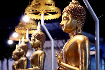 A row of golden Buddha statues lining at Buddhist Temple in Thailand.